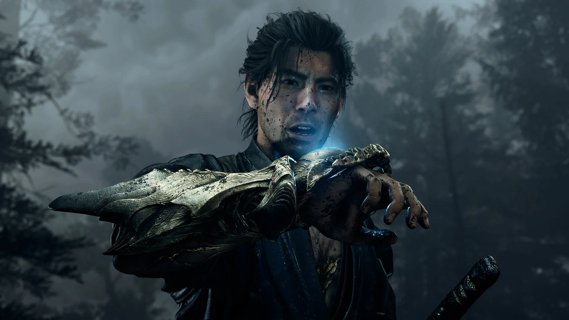 A samurai in a misty forest, his armoured Oni gauntlet glowing blue, a sword hilt in the foreground